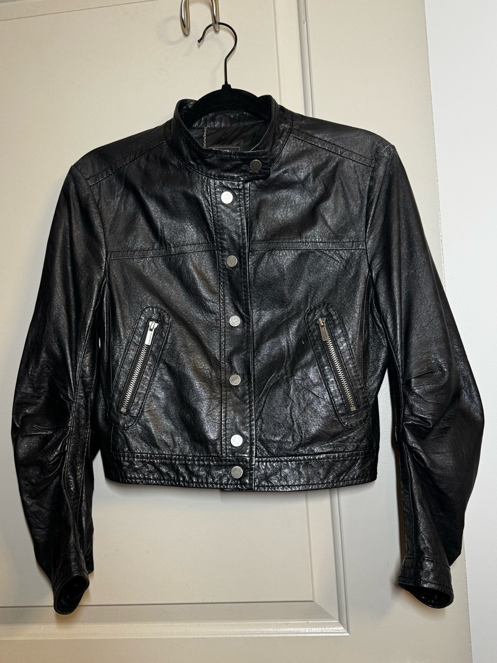 BCBGMaxAzria Black Leather Snap-Front Jacket